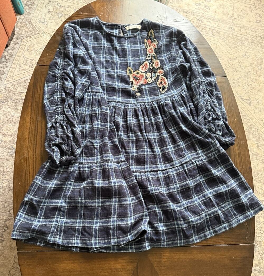 Zara Girls Size 10 Navy Plaid Midi Dress with Sequins Appliqué Academia Holiday